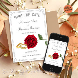 Reserva La Fecha Elegante Boda de rosas rojas florales y anillos
