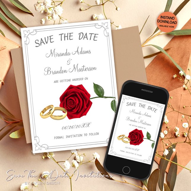 Reserva La Fecha Elegante Boda de rosas rojas florales y anillos (Subido por el creador)