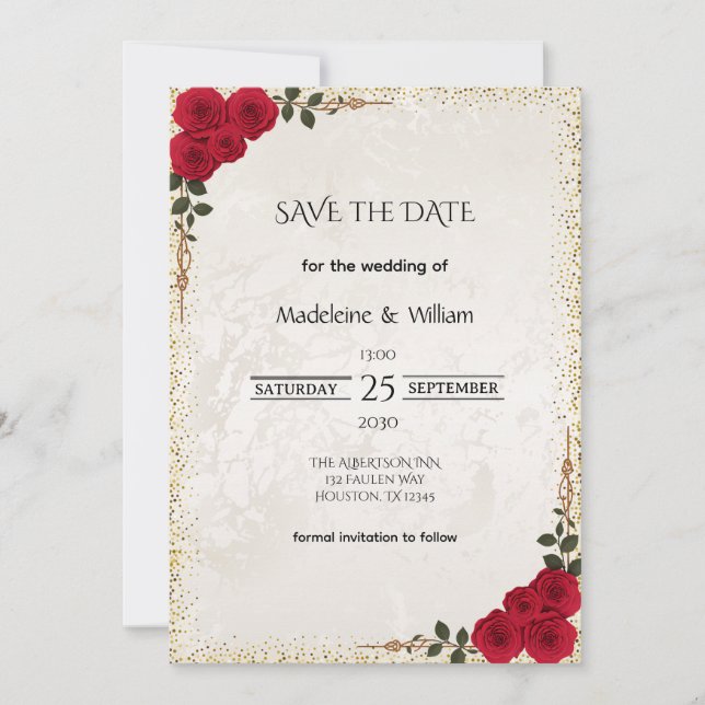 Reserva La Fecha Elegante Boda de Rosas Rojas Románticas de Oro (Anverso)