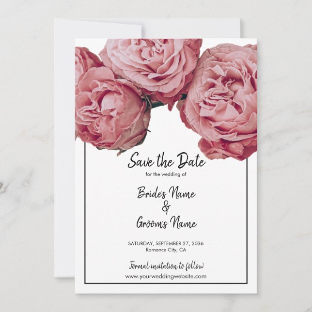 Reserva La Fecha Elegante Boda De Rosas Rosadas Salven La Fecha (Anverso)
