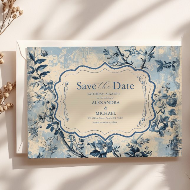 Reserva La Fecha Elegante Boda de tela azul de Jouy (Subido por el creador)