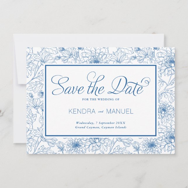 Reserva La Fecha Elegante Boda de tela floral azul francés (Anverso)
