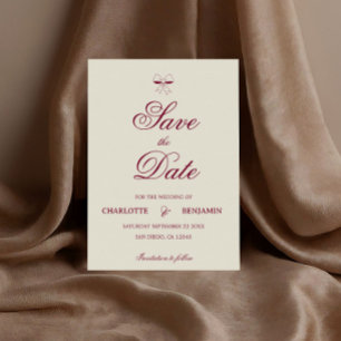 Reserva La Fecha Elegante Boda de Tinta Burgundy Crema y Lazo
