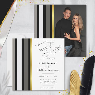 Reserva La Fecha Elegante Boda de tipografía de rayas de oro gris n