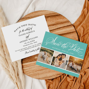 Reserva La Fecha Elegante Boda de Tres Fotos de Caligrafía en Verde