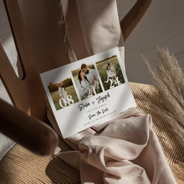 Reserva La Fecha Elegante Boda de tres fotos negro y blanco moderno (Subido por el creador)