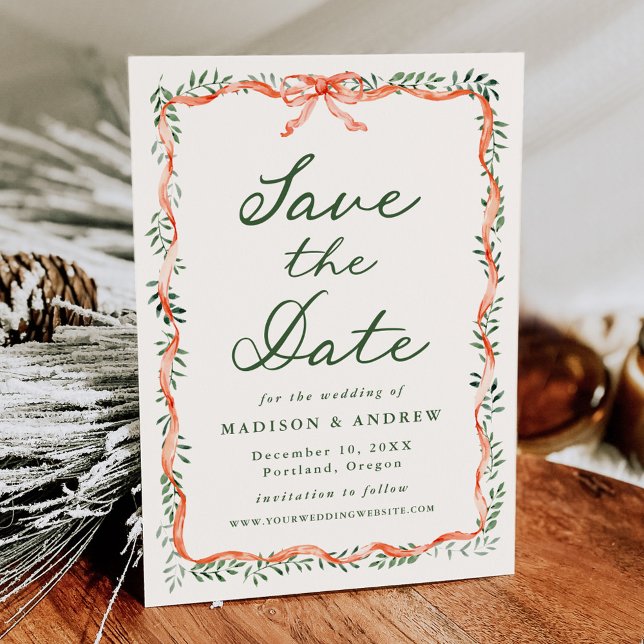 Reserva La Fecha Elegante Boda de vacaciones crema de cinta roja ve (Subido por el creador)