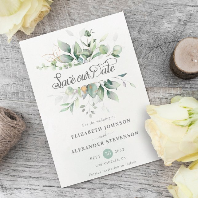 Reserva La Fecha Elegante boda de vegetación de hoja de eucalipto r (Subido por el creador)