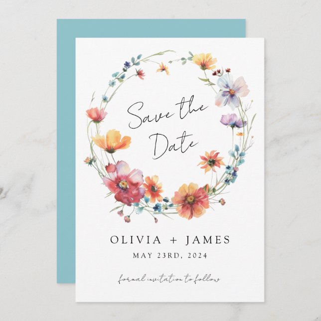 Reserva La Fecha Elegante Boda de verano de Wreath Wildflower (Anverso / Reverso)