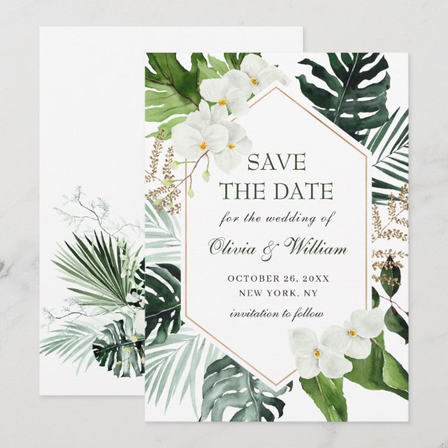 Reserva La Fecha Elegante Boda de Verdor Bohemiano Orquídea Blanca (Anverso / Reverso)