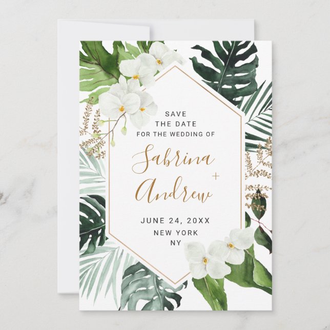 Reserva La Fecha Elegante Boda de Verdor Bohemiano Orquídea Blanca (Anverso)