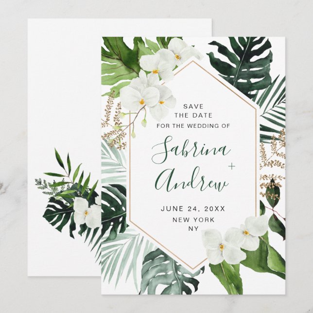 Reserva La Fecha Elegante Boda de Verdor Bohemiano Orquídea Blanca (Anverso / Reverso)