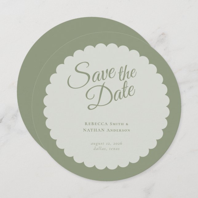 Reserva La Fecha Elegante Boda de vieira Sage Green Script (Anverso / Reverso)