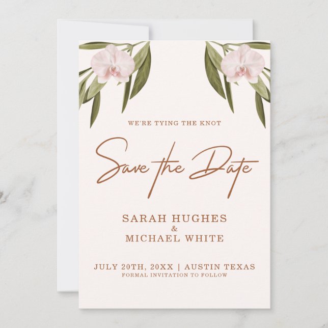 Reserva La Fecha Elegante Boda del Boho de orquídeas verdes rosas (Anverso)