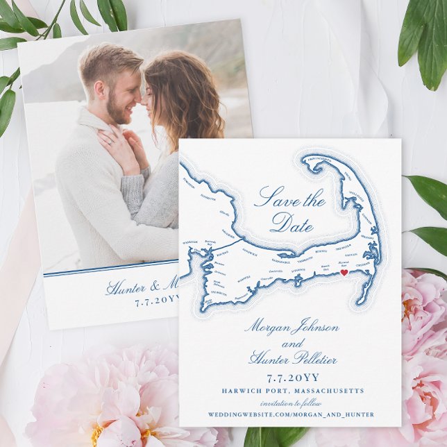 Reserva La Fecha Elegante Boda del Wychmere Beach Club (Elegant Cape Cod photo save the dates for your wedding at Wychmere Beach Club with a Cape Cod Map )