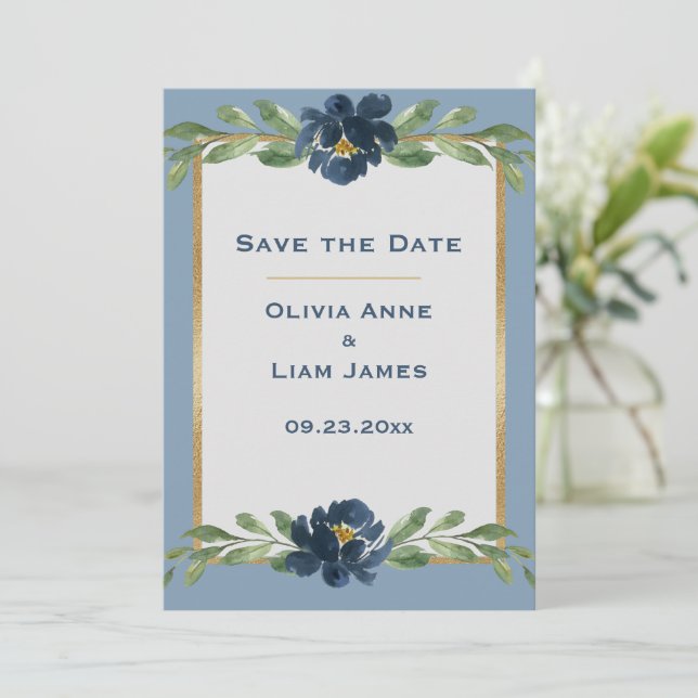 Reserva La Fecha Elegante Boda dorado Dusty Blue Floral (Anverso de pie)