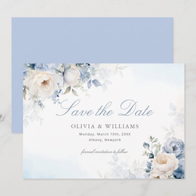 Reserva La Fecha Elegante Boda Dusty Blue Floral (Anverso / Reverso)