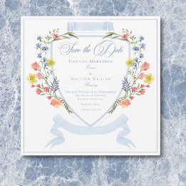 Reserva La Fecha Elegante Boda Escudo de Flor Silvestre Dusty Blue
