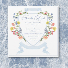 Reserva La Fecha Elegante Boda Escudo de Flor Silvestre Dusty Blue 