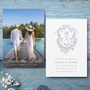 Reserva La Fecha Elegante Boda Escudo floral azul francés foto