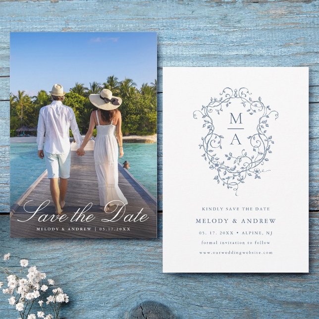 Reserva La Fecha Elegante Boda Escudo floral azul francés foto (Front & Back)