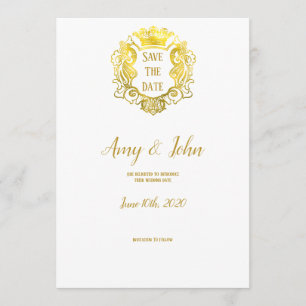 Reserva La Fecha Elegante Boda Escudo Real de Oro Salva La Fecha