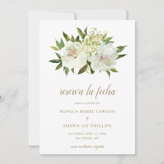 Reserva La Fecha Elegante Boda español moderno floral blanca dorada (Anverso)