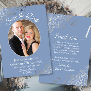 Reserva La Fecha Elegante Boda Fancy Silver y Dusty Blue Photo