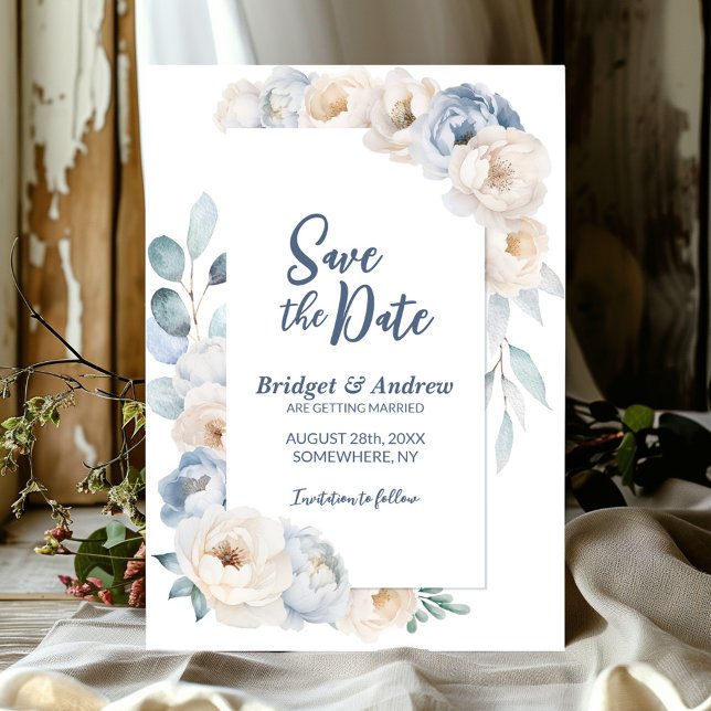 Reserva La Fecha Elegante Boda floral azul blanco (Subido por el creador)