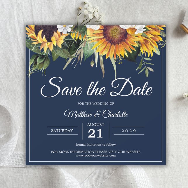 Reserva La Fecha Elegante Boda floral azul de la marina de girasole (Elegant Sunflowers Navy Blue Floral Wedding Save The Date
)