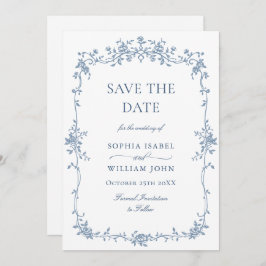 Reserva La Fecha Elegante Boda floral azul francés toile código QR