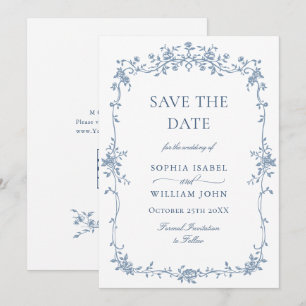 Reserva La Fecha Elegante Boda floral azul francés toile código QR