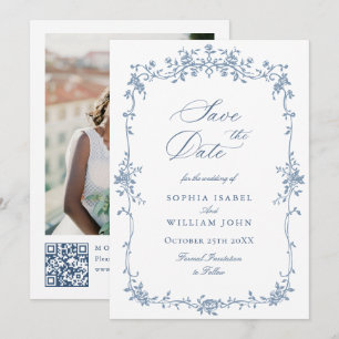 Reserva La Fecha Elegante Boda floral azul francés toile código QR