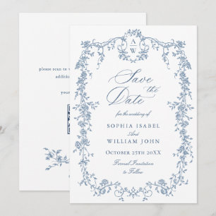 Reserva La Fecha Elegante Boda floral azul francés toile código QR