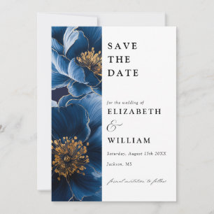 Reserva La Fecha Elegante boda floral azul marino y dorado