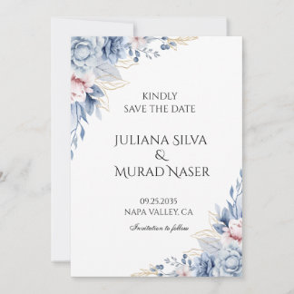 Reserva La Fecha Elegante boda floral azul polvoriento 