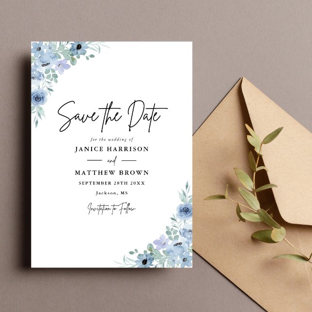 Reserva La Fecha Elegante boda floral azul polvoriento (Elegant dusty blue floral save the date announces your wedding with timeless romantic charm)