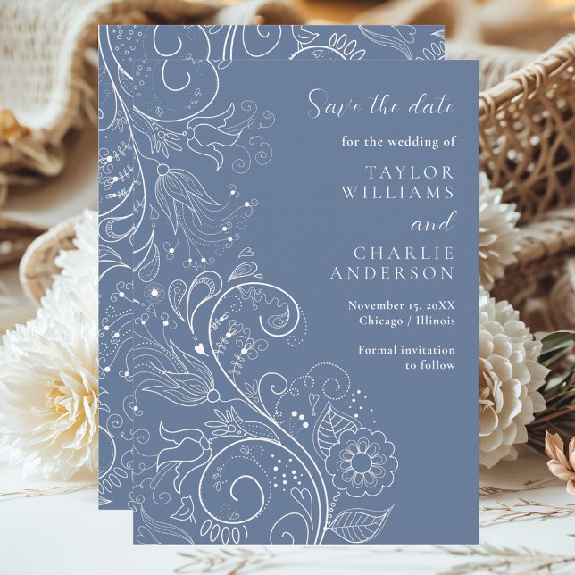 Reserva La Fecha Elegante Boda floral azul turbio (Subido por el creador)