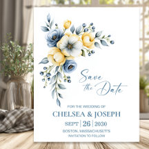 Elegante Boda Floral Azul y Amarillo Polvoriento