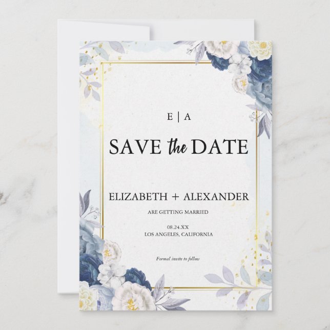 Reserva La Fecha Elegante Boda Floral Azul y Dorado (Anverso)