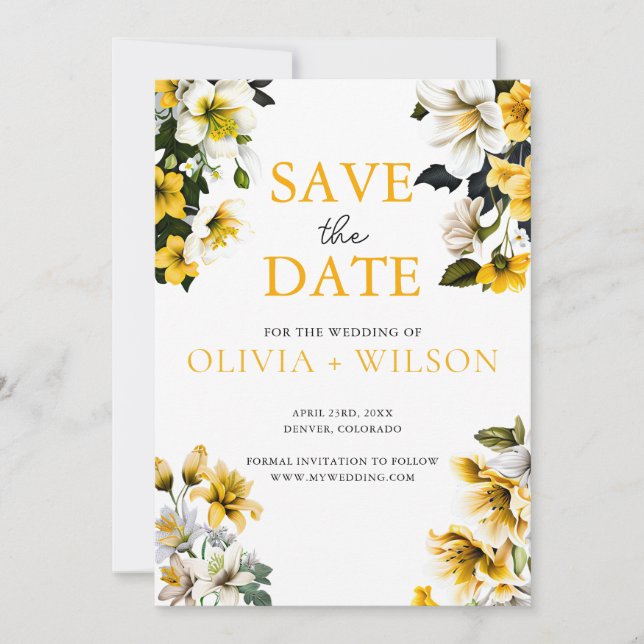 Reserva La Fecha Elegante Boda floral blanco y amarillo (Anverso)