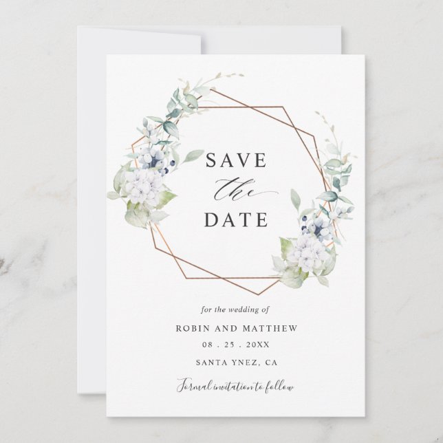 Reserva La Fecha Elegante Boda floral blanco y azul (Anverso)