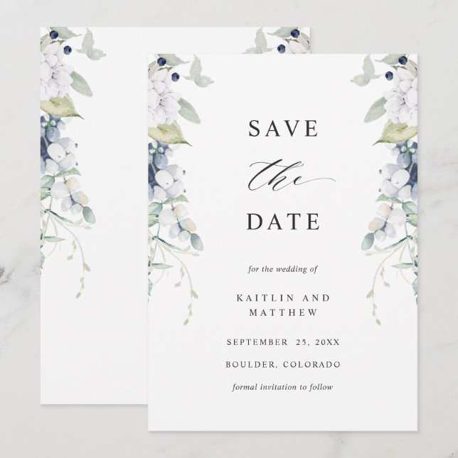 Reserva La Fecha Elegante Boda floral blanco y azul (Anverso / Reverso)