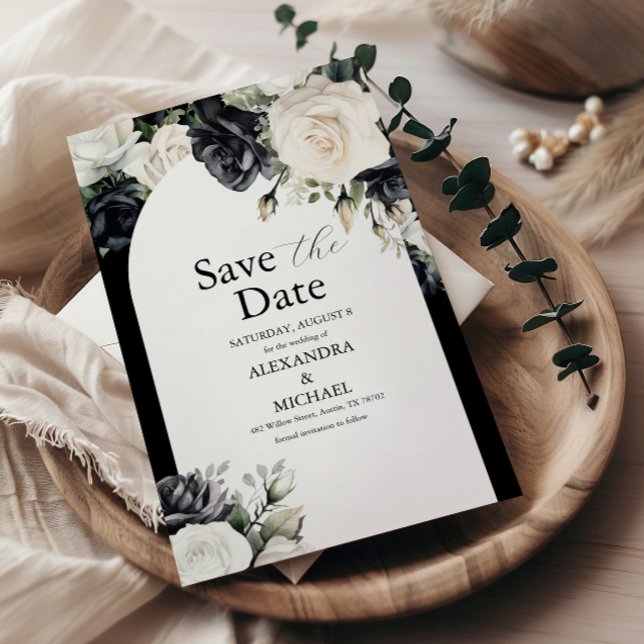 Reserva La Fecha Elegante Boda floral blanco y negro (Subido por el creador)