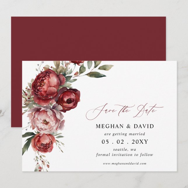 Reserva La Fecha Elegante Boda Floral Boho Burgundy Rubor (Anverso / Reverso)