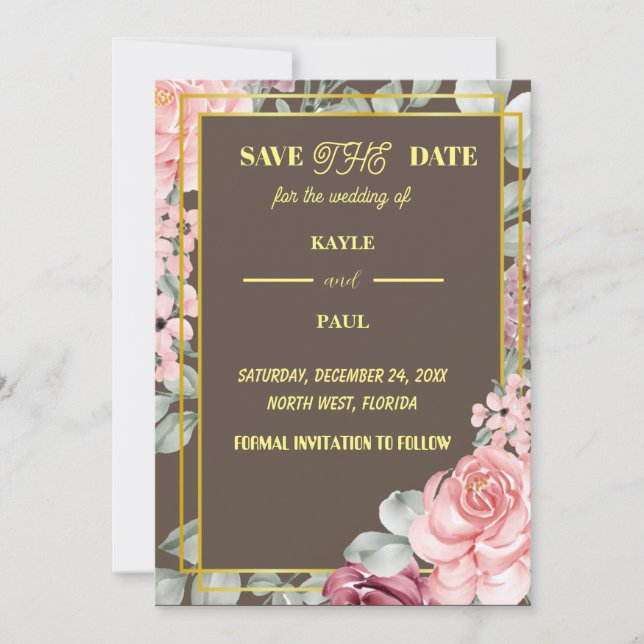 Reserva La Fecha Elegante Boda floral Borgoña Rosa Rubor (Anverso)