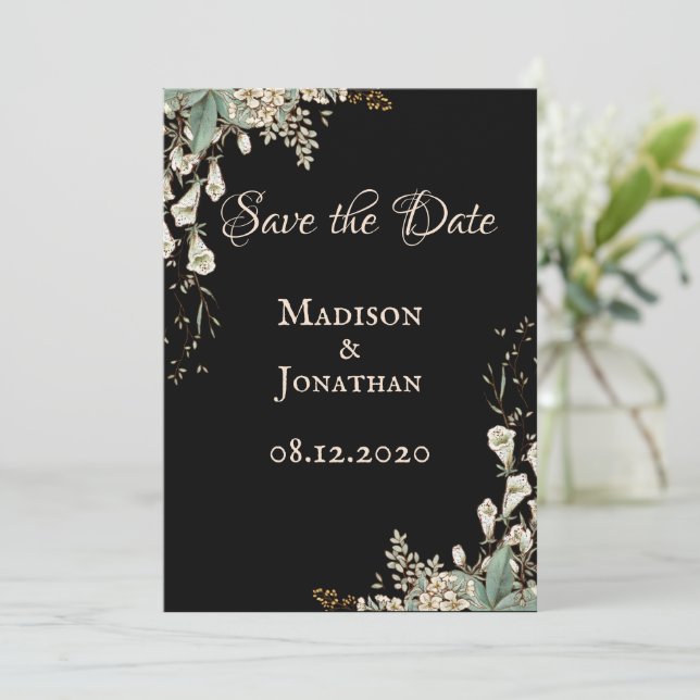 Reserva La Fecha Elegante boda floral con letra script negra (Anverso de pie)