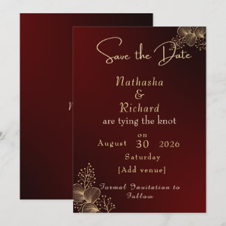 Reserva La Fecha Elegante boda floral de burgundy y dorado