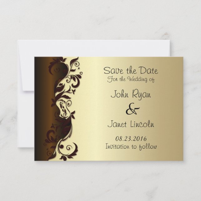 Reserva La Fecha Elegante Boda Floral de chocolate marrón y oro (Anverso)