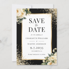 Reserva La Fecha Elegante Boda floral de confetti de oro negro de m